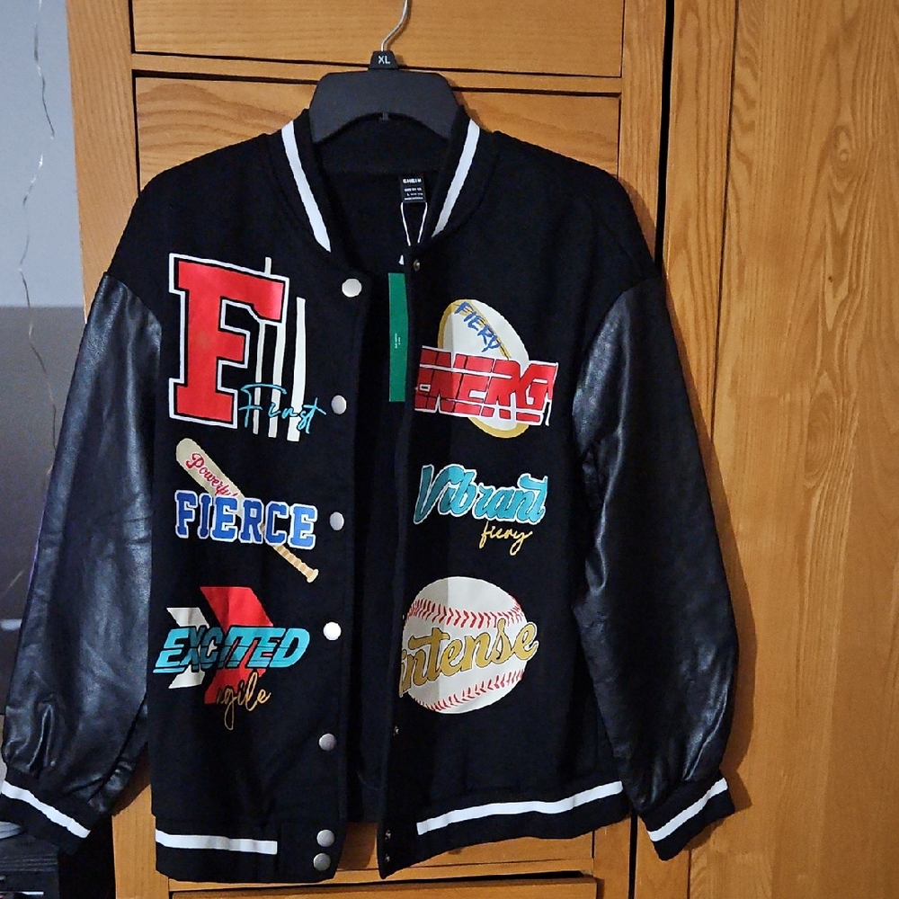 SHEIN Black Varsity Jacket with Colorful Patches